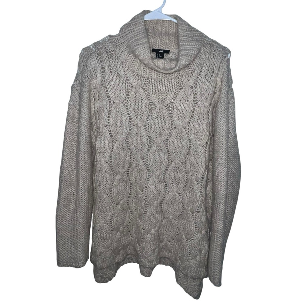 H&M Pullover Sweater Cable Knit High Collar Wool Alpaca Blend Beige Size Medium